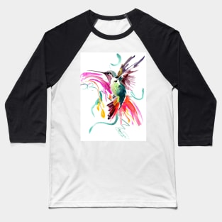 Flying Hummingbird and Abstract Flowers, Turquoise, pink watercolor bird artwork Baseball T-Shirt